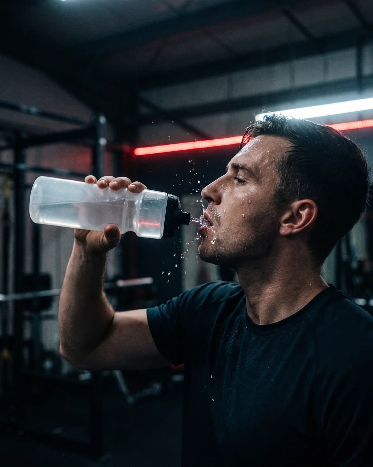 Deportista bebiendo agua de una botella transparente durante el entrenamiento, con gotas de agua en el aire