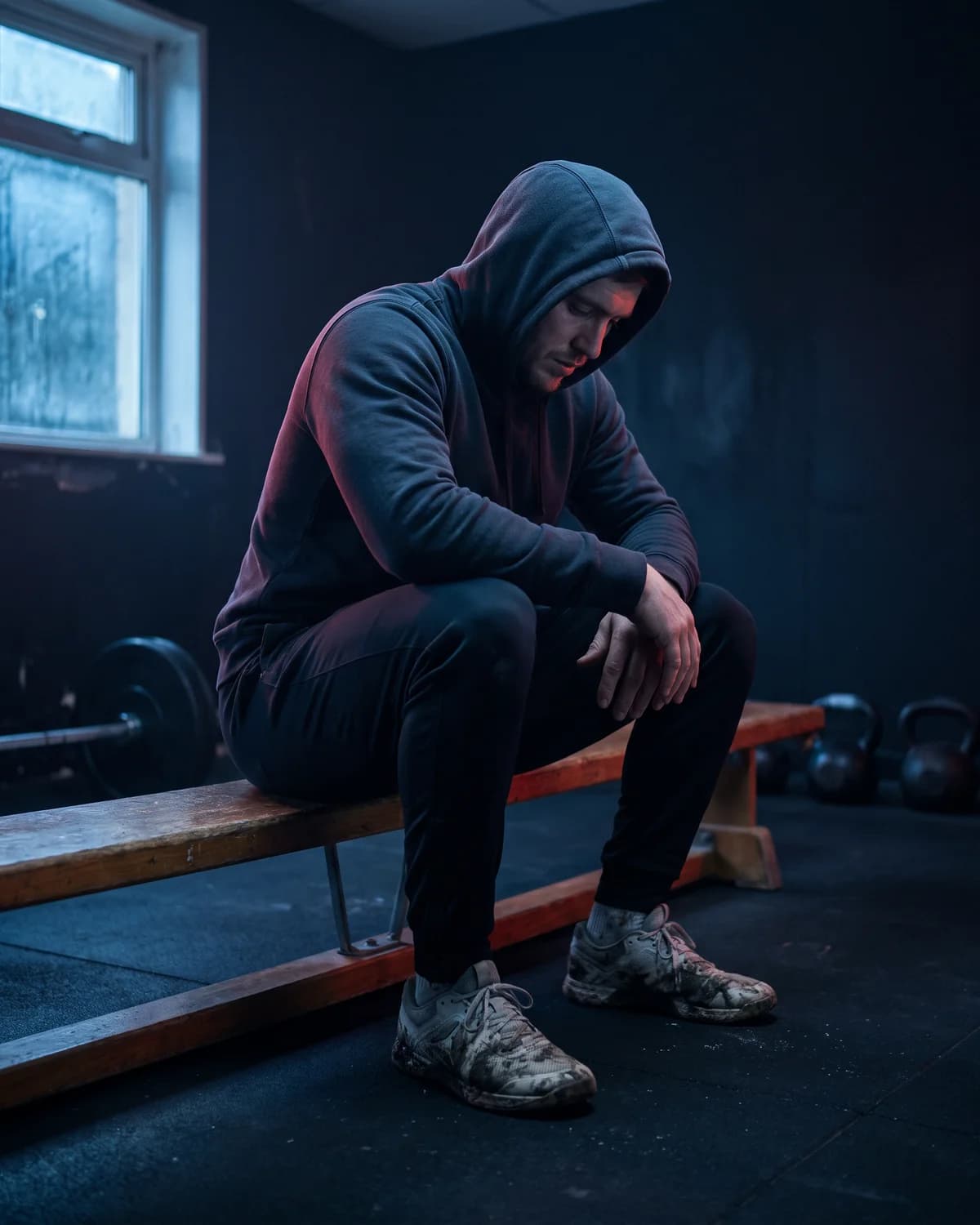 Deportista con sudadera con capucha sentado en un banco del gimnasio, mirando al suelo antes de decidir si entrena