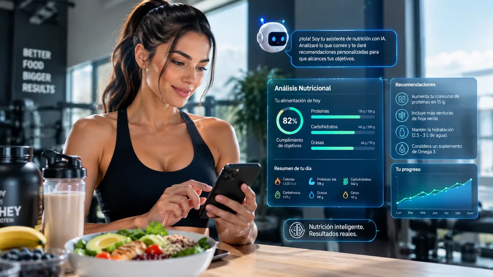 Deportista consultando su análisis nutricional en el móvil, con el asistente de IA y sus recomendaciones