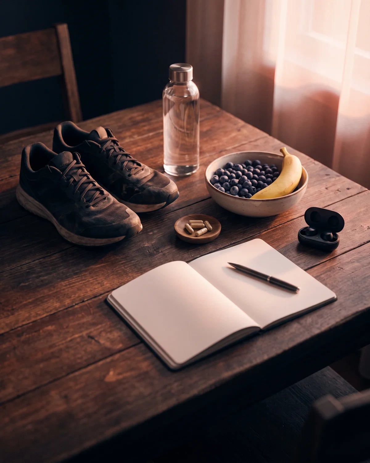 Mesa de madera con zapatillas de correr, botella de agua, cuenco de arándanos y plátano, cápsulas y un cuaderno abierto