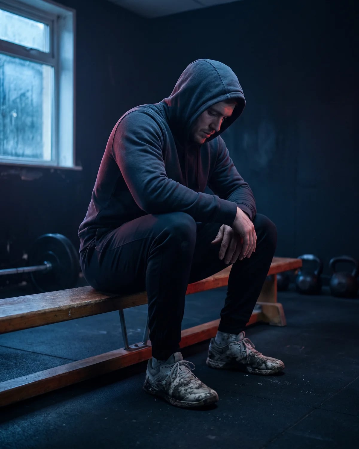 Deportista con sudadera con capucha sentado en un banco del gimnasio, mirando al suelo antes de decidir si entrena