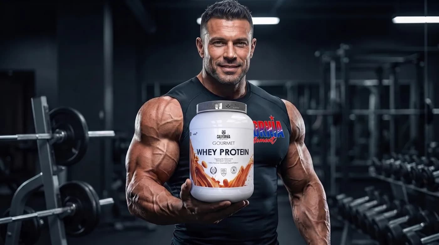 Atleta mostrando un bote de proteína California Supplement en el gimnasio